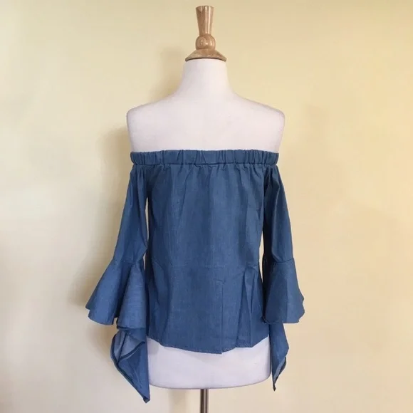 Off Shoulder Ruffled Bell Sleeve Chambray Top - Picture 7 of 7